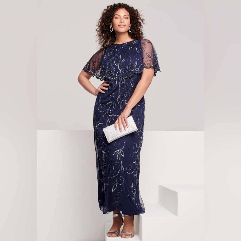 Roaman's Navy Blue Maxi Dress with Silver Accents